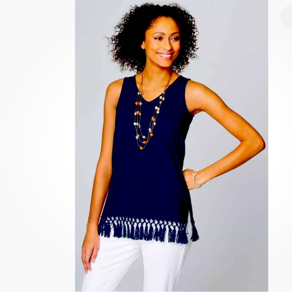 J. Jill Cotton & Linen Tassel-Trim Navy Tank Top , size Medium - Picture 1 of 6